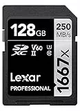 Lexar Professional 1667x SD Karte 128GB, Speicherkarte SDXC UHS-II, Bis zu 250 MB/s Lesen, Class 10, U3, V60, SD für Professionelle Fotografen, Videofilmer, Enthusiasten (LSD128CB1667)