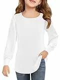 Haloumoning Mädchen Langarmshirt Rundhals Puffärmel T-Shirt Kinder Einfarbig Niedlich Freizeit Shirts Mode Basic Oberteile 5-14 Jahre, Weiß, 13-14 Jahre