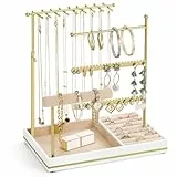 Emibele Schmuck-Halter, Schmuck Organizer Stand Halsketten Ohrringe Armband Halter, 5-Stöckiger Schmuckständer mit Metallrahmen und samtener Ringablage, Ästhetischer Schmuckständer für Frauen,Gold