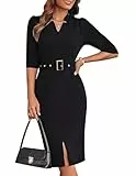 GRACE KARIN Damen 3/4 Ärmel Slim Fit Bodycon Kleid mit Gürtel Sexy V-Ausschnitt Hüftiges Wickelkleid Midi Cocktailkleid Schwarz L