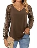 Florboom t-Shirts für Damen Locker Tunika V-Ausschnitt top Spitze Ärmel Hemdbluse, Braun S