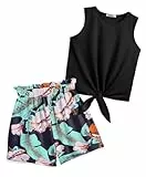 Arshiner Mädchen Tanktops mit Shorts Set Kinder Sommer Bekleidungssets Lässige Mode Ärmelloses T-Shirts Kleidung Anzug für Mädchen 11-12 Jahre Schwarze & Hawaii Blume