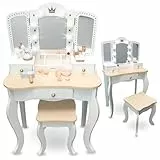 mamabrum XXL Kinder Schminktisch aus Holz mit Hocker & LED-Spiegel – Frisiertisch ab 3 Jahren mit Schublade & Beauty Zubehör – Kreatives Spielset & Schreibtisch für Mädchen