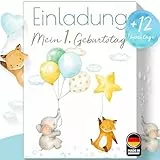 Olgs Ballon Party Einladungskarten, Elefant & Fuchs, 12er Set für Jungen, inkl. Umschläge, Perfekt für Kinder- & Babygeburtstag