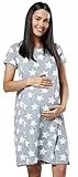 HAPPY MAMA Damen Geburtskleid Krankenhaus Umstands Nachthemd Stillfunktion. 434p (Graue Melange mit Sternen, 42-44, XL)