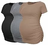 Smallshow 3er Pack Umstandsshirt Kurzarm Umstandsmode Sommer Umstands Tshirt,Black-Brown-Light Grey,M