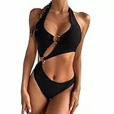 KBRPEY Damen Bikini Set High Waist Schwimmanzug Trendy Sexy Bademode Geteilter Badeanzug mit Bandage Einteiliger Badeanzug Triangel Bikini Swimsuit Beachwear (Schwarz S)