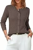 Arach&Cloz Strickjacke Damen Wolle Blend Weich Rundhals Cardigan Business Casual Langarm Tops mit Knopf(Kaffee, XXL)
