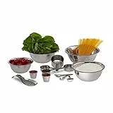 Relaxdays Küchen Set 15-tlg., Rührschüsseln, Nudelsieb, Messbecher, metrische und US Maße, stapelbar, Edelstahl, silber