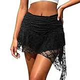 XquiziFit Minirock Damen mit Spitze Rüschen Y2K Stil Asymmetrischem Lagen Rock Sexy Minirock Sommer Elastisch Skirt Schwarz S