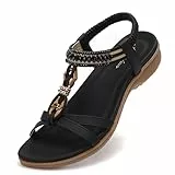 Littleplum Sandalen Damen Sommer Flache Sandaletten Elegant Sandals Strand Schuhe(Schwarz,39EU)