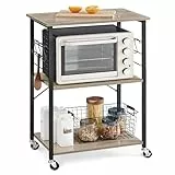 VASAGLE Küchenregal auf Rollen, Servierwagen, 3 Ebenen, Küchenwagen, für Mini-Backofen, Mikrowellen, Metallrahmen, 6 Haken, 40 x 60 x 89 cm, greige meliert-tintenschwarz KKS060B02