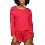 DKaren Damen Schlafanzug Set Ronnie M - Zweiteiler Damen Pyjama - Loungewear mit Langen Ärmeln und Kurzen Hosen - Nachtwäsche Damen mit Tasche und Rüschen - Pjama Set Rot