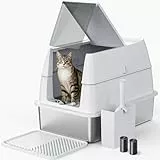Katzenklo Edelstahl mit Deckel, XXL Extra Großes Katzentoilette Edelstahl Reinigen und Geruchsresistent, Geschlossene Katzenkiste mit Schaufel und Mülleimer, Geeignet für große Katzen/mehrere Katzen
