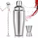 Cocktail Shaker Set 750ml Cocktailshaker Martini Shaker mit eingebautem Sieb - Professionelles Edelstahl Barkeeper Set inkl Messbecher, Bar-Löffel - Für Martini, Margarita & Mixgetränke, Silber
