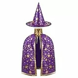 AYBUY Kinder Halloween Kostüm, Zauberer Kostüm Kinder, Wizard Cape Witch Umhang mit Hut, Kinderkostüm Hexenhut Faschingskostüm für Karneval Fasching Cosplay Junge Mädchen, Lila