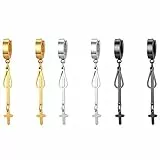 JewelryWe Schmuck 3 Paare Ohrringe Set Edelstahl Creolen Huggie Ohr Manschette Ohrstecker mit Lange Strip Baumelnde Kreuz und Schnalle Anhänger für Herren Damen gold/schwarz/silber