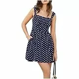 Belle Poque Damen Polka Dot Kleid Vintage Sommerkleider Ärmellose Eckiger A-Linie Swing Minikleid mit Taschen Freizeit Partykleid Marineblau&Weiß Dot S