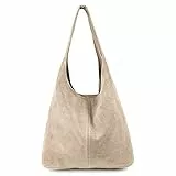 OBC Only-Beautiful-Couture Made IN Italy Damen Leder Hand-Tasche METALLIC Shopper Schultertasche Hobo-Bag Henkeltasche Beuteltasche Silber (Helltaupe (Wildleder)), ca.: 43x32x17 cm (BxHxT)