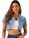 Allegra K Damen Jeansjacke Kurzarm Leichte Übergangsjacke Revers Bauchfreie Denim Jacke Hellblau S