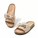 JOMIX Clogs Damen Pantoletten Sommer Sandalen mit Strass Fliege Strand Sandaletten Bequem Kork Strandsandalen Sommerschuhe (Beige, 40EU, WCF250256)