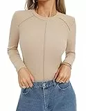 Kate Kasin Damen Lässig Slim Fit Langärmeliges Einfarbig T-Shirt Mit Rundhalsausschnitt Aprikose M