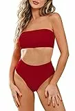 Viottiset Badeanzug Bandeau Top Damen Bikini Set High Waist mit Abnehmbare Träger M Rose Rot