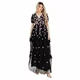 Maya Deluxe Damen Women's Maxi Ladies V-Neck Short Puff Sleeve Floral Embroidered Tiered Ruffle Tulle A-line Keyhole Back Evening Dress, Schwarz, 48 EU