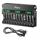 POWXS AA AAA 9V Batterie Ladegerät, 12-Ladeplatz mit LCD Anzeige, Akku Ladegerät für Mignon AA, Micro AAA 9V NI-MH NI-CD Wiederaufladbar Batterien, mit 1800mA Schnelles Laden und AC-NetzKabel