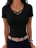 Aottori T-Shirt Damen Gerippt Slim Fit Basic Tee Shirts V-Ausschnitt Kurzarm Sommer Tshirt Stretch Oberteile Sexy Einfarbig Top Schwarz XL