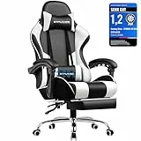 GTPLAYER Gaming Stuhl Bürostuhl Massage Gaming Sessel Ergonomischer Gamer Stuhl mit Fußstütze, Massage-Lendenkissen, Gepolstert Gaming Chair, Drehsessel, 150KG, weiß