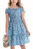 Haloumoning Mädchen Kleider Eckiger Ausschnitt Blumenkleid Kleider Sommer Puffärmel A-Linie Midikleid Kinder Partykleid,Seeblau,13-14 Jahre