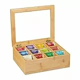 Relaxdays Teebox, Bambus, 12 Fächer, Teekiste mit Sichtfenster, Organizer für Teebeutel, HxBxT: ca. 9x28x23 cm, natur, 10032112