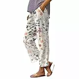 Musselin Hose Damen, Damen Sommerhosen Leicht, Sommerhose Leinenhose Sommer Baumwolle Leinen Hose Boho Freizeithose Blumen Strandhose Luftige Stoffhose Bequeme Caprihose Damenhosen