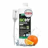BiOHY Reinigungsmittel für Saugwischer mit Orangenduft (1l Flasche) + Dosierer | 1:200 Konzentrat für alle Nass-Trockensauger & Waschsauger | Für Fliesen, PVC, Parkett, Laminat & Teppich | Schaumarm