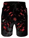 Belovecol Men 3D Swim Trunks Geometric Colored Block Red Black Board Shorts Quick Dry Mesh Lining Bathing Suit Summer Beach Surfing Swimming Wear M