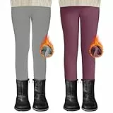DDOBB 2er Pack Thermo Leggings Mädchen Gefütterte Winter Leggins Mit Fleece Kinder High Waist Thermounterwäsche Dicke Warm Lange Hose für Alltag(Hellgrau+Rosa, XL=(146-152))