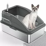FURTIME Katzenklo Edelstahl XXL, Katzentoilette Edelstahl 28L Katzenklo Groß mit Katzenstreuschaufel und Doppelschicht Matte, Auslaufsichere XXL Litter Box，60x40x36cm