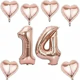 Roségold Zahlen Luftballon 14 +6 pcs herz Heliumballon 14. Geburtstag Deko für Mädchen,40' Roségold Riesen Folienballon 14 für 14 Jahre Geburtstag deko, Helium Zahlenballon 14