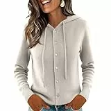 Pullover Damen Langarm Elegant Strickjacke mit Kapuze Loose Fit Strickjacke mit Durchgehender Knopfleiste Pulli Einfarbig Basic Bluse Frühling Tops