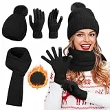 Figarge Damen Winter Mütze Schal Touchscreen Handschuhe Set, Damen 3 in 1 Winter Beanie mit warmen gestrickten langen Schal, dicke gestrickte Pom-Mütze und Touchscreen für Outdoor (Schwarz)