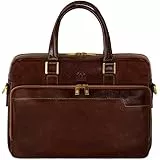 Time Resistance Aktentasche Leder Laptoptasche mit Schultergurt - Handgefertigt in Italien - Arbeitstasche - Businesstasche - Umhängetasche - Braun