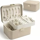 KAMIER Schmuckkästchen – Luxuriöse 2-stöckige Schmuckschatulle aus hochwertigem Flanell für Damen, geeignet für Ringe, Ohrringe, Armbänder & Halsketten (Beige)