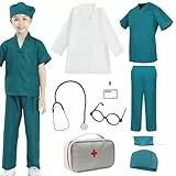 HOSPAOP 9-teiliges Arzt Kostüm Kinder – Arztkittel & OP-Kleidung mit Stethoskop, Brille & Tasche, Faschingskostüm für Jungen & Mädchen, Krankenschwester Kostüm Kinder, Halloween Fasching Kostüm 140