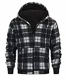 geeksport Fleecejacke Herren Sweatjacke Männer mit Kapuze Warme Kapuzenjacke Gefüttert Winterjacke Kariertes Hoodie mit ReißVerschluss, 0569-Schwarz 2XL