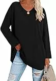 Ebifin Oversize Langarmshirt Damen Longshirt V-Ausschnitt Oberteil Langarm T Shirts Pullover Basic Tunika Tee Tops.Schwarz.L