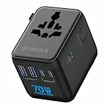 decqle Reiseadapter Weltweit, Universal Reisestecker mit 3 USB-C (GaN 70W), 2 USB-A und 1 AC Steckdose, Internationaler Steckdosenadapter, AC Adapter Universaladapter für EU, UK, US, AU (Schwarz)