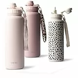 MAMEIDO Thermosflasche 500ml mit Strohhalm, Trinkflasche Kinder Edelstahl isoliert, Wasserflasche auslaufsicher BPA-frei (Blush Kissed, 0,5l)