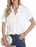 Aottori Damen Hemd Freizeit Bluse Baumwolle Elegant Hemdbluse zum Knöpfen V-Ausschnitt Casual Weiß L