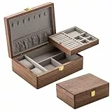 muso wood Holz Schmuckkästchen aus echtem Walnussholz Schmuckkiste 2 Ebenen Schmuckaufbewahrung Jewellery Box Luxus Schmuckkasten für Halsketten Armbänder Ohrringe Ringe Uhren, mit Metallverschluss